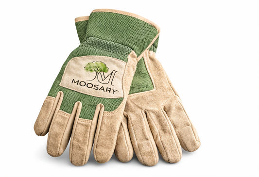 Pair of green and beige gardening gloves with Moosary logo on a white background